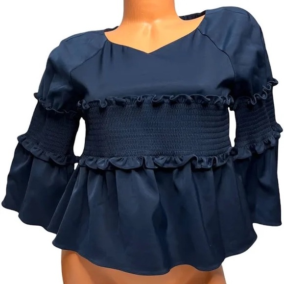 Tibi Navy Blue Stretch Jersey Smocked Detail Bell Sleeve Top XS - Picture 1 of 11